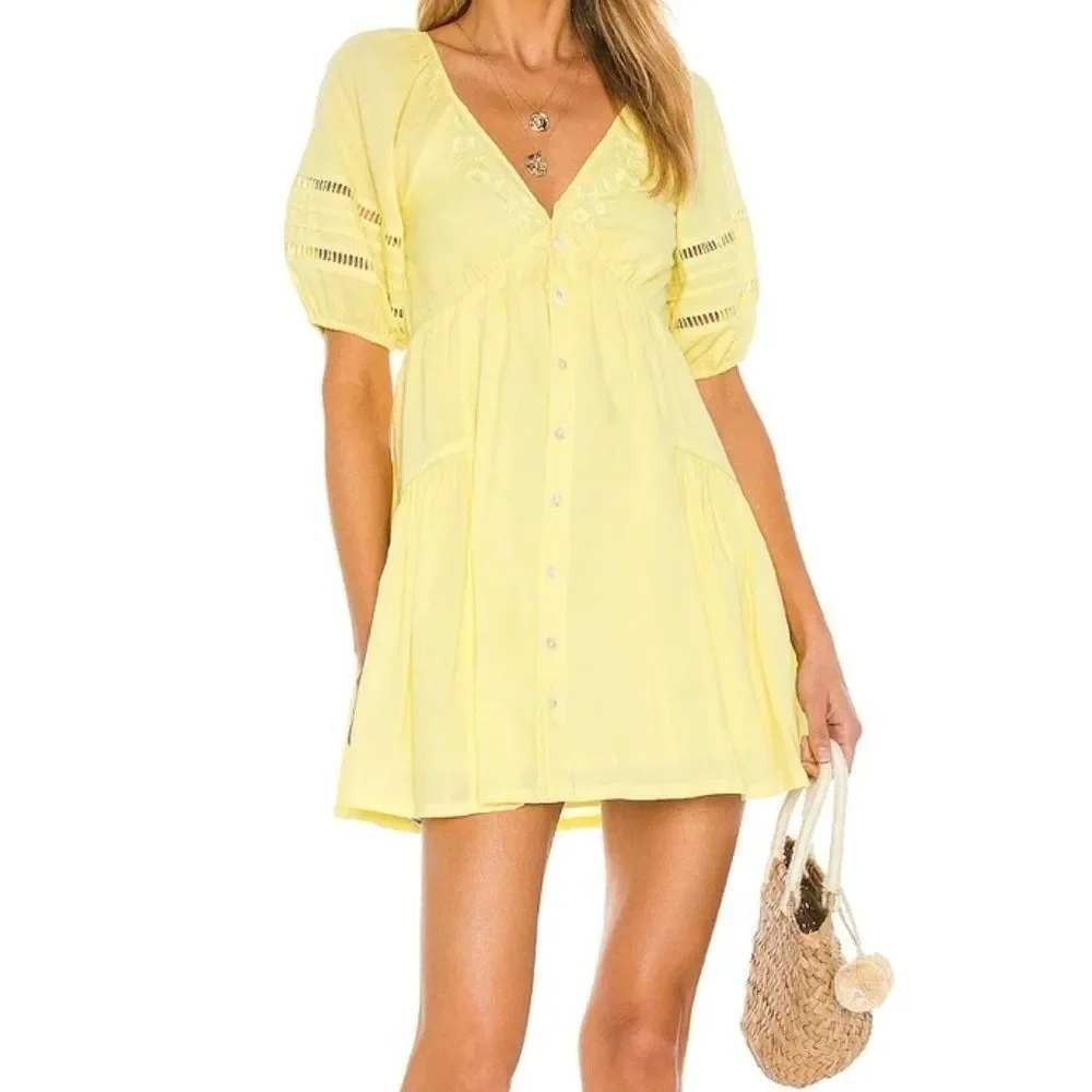 Tularosa Ciceli Embroidered Mini Dress Lemon Yellow Cotton Revolve Size M Boho